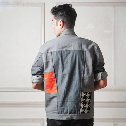 Denim Houndstooth and Orange Patch Jacket