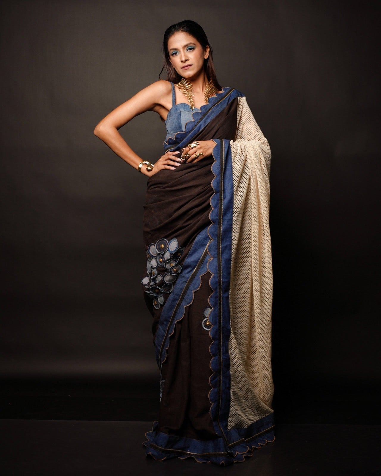 Denim Circles Crochet saree