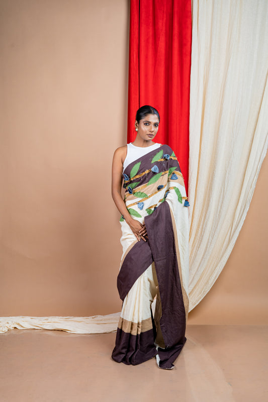 Denim Flower Brown ,off-white saree