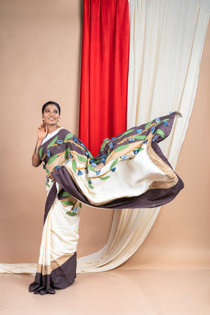 Denim Flower Brown ,off-white saree