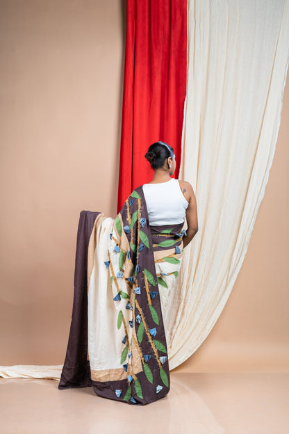 Denim Flower Brown ,off-white saree