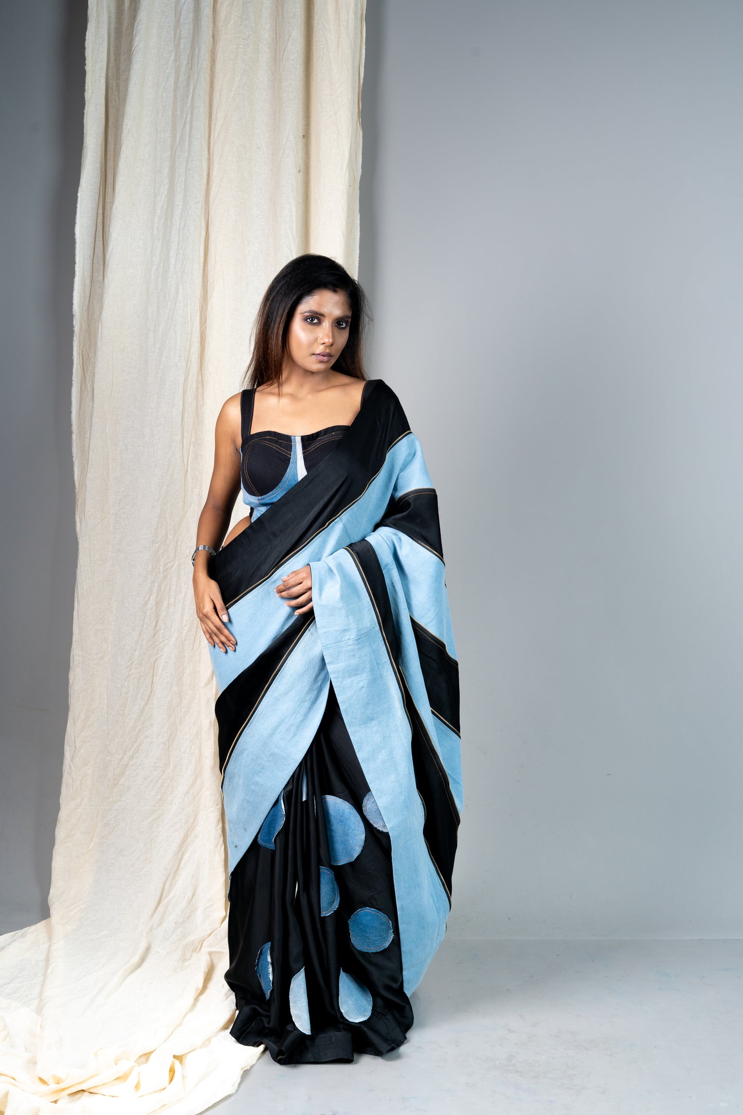 Denim Polka Black Saree