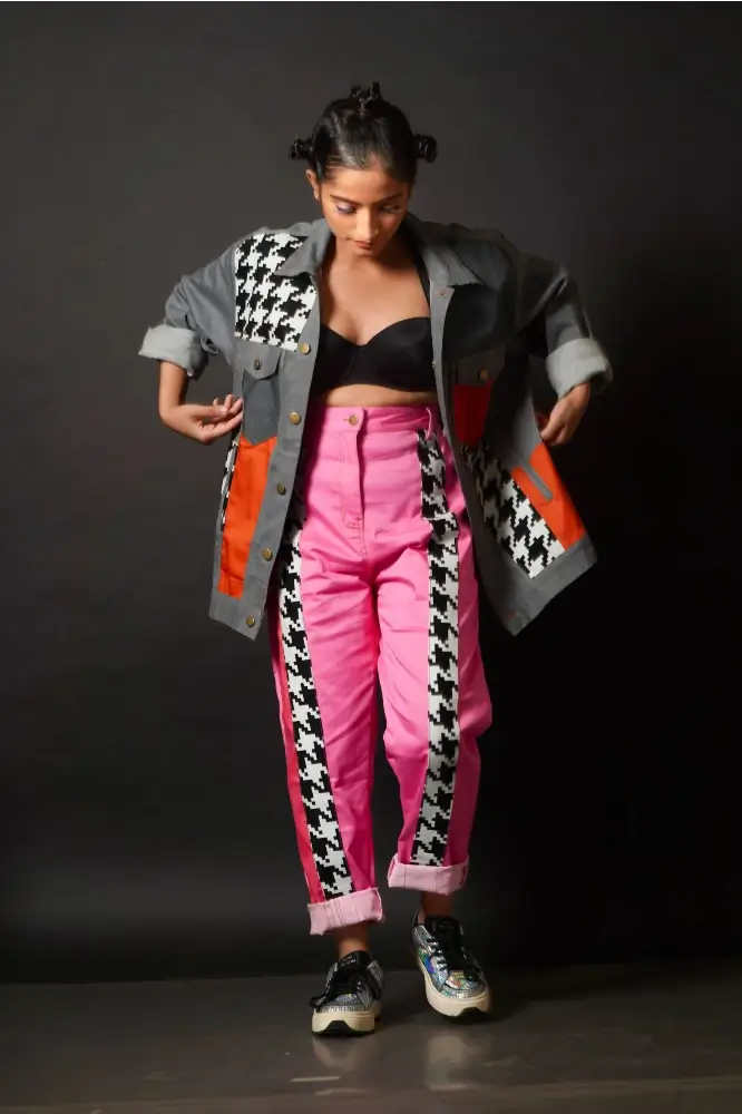 Pink Denim and Houndstooth strip pant