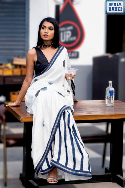 Denim Polka Dot and Denim Stripes Saree