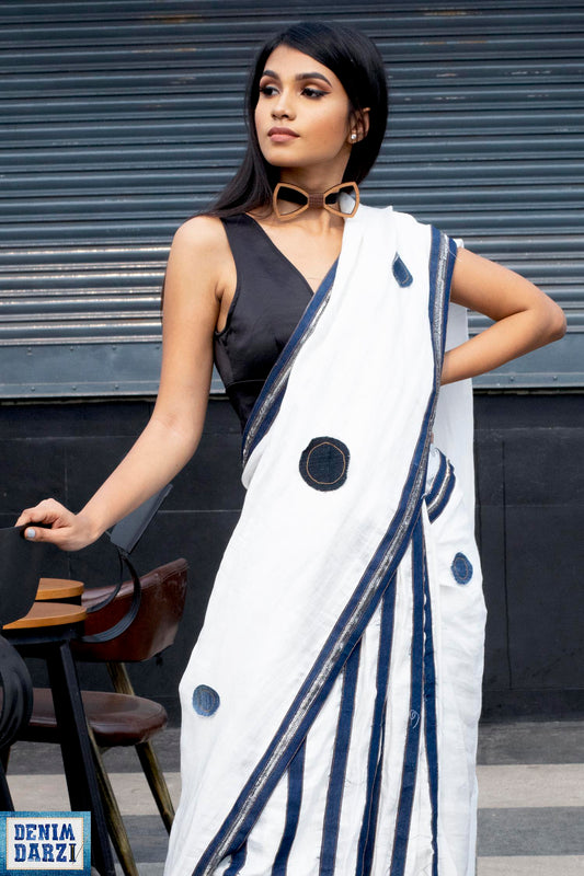 Denim Polka Dot and Denim Stripes Saree