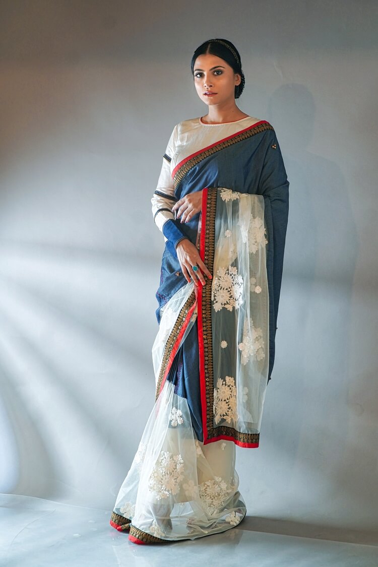 White and Denim Ghungroo Net Saree