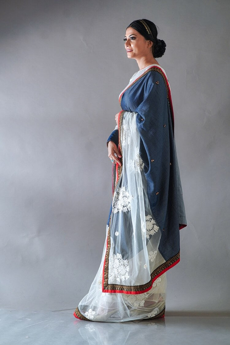 White and Denim Ghungroo Net Saree