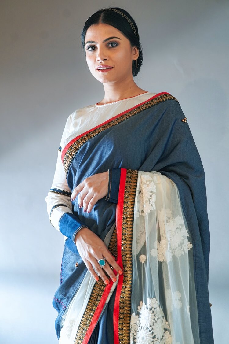 White and Denim Ghungroo Net Saree