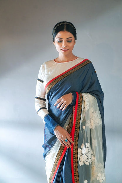 White and Denim Ghungroo Net Saree