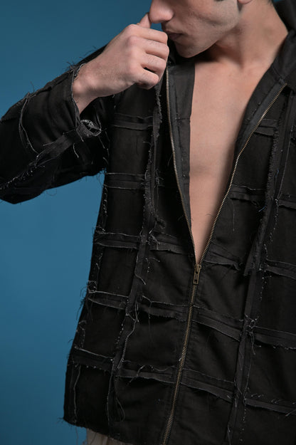 Black Denim Checkered Hoody style Jacket