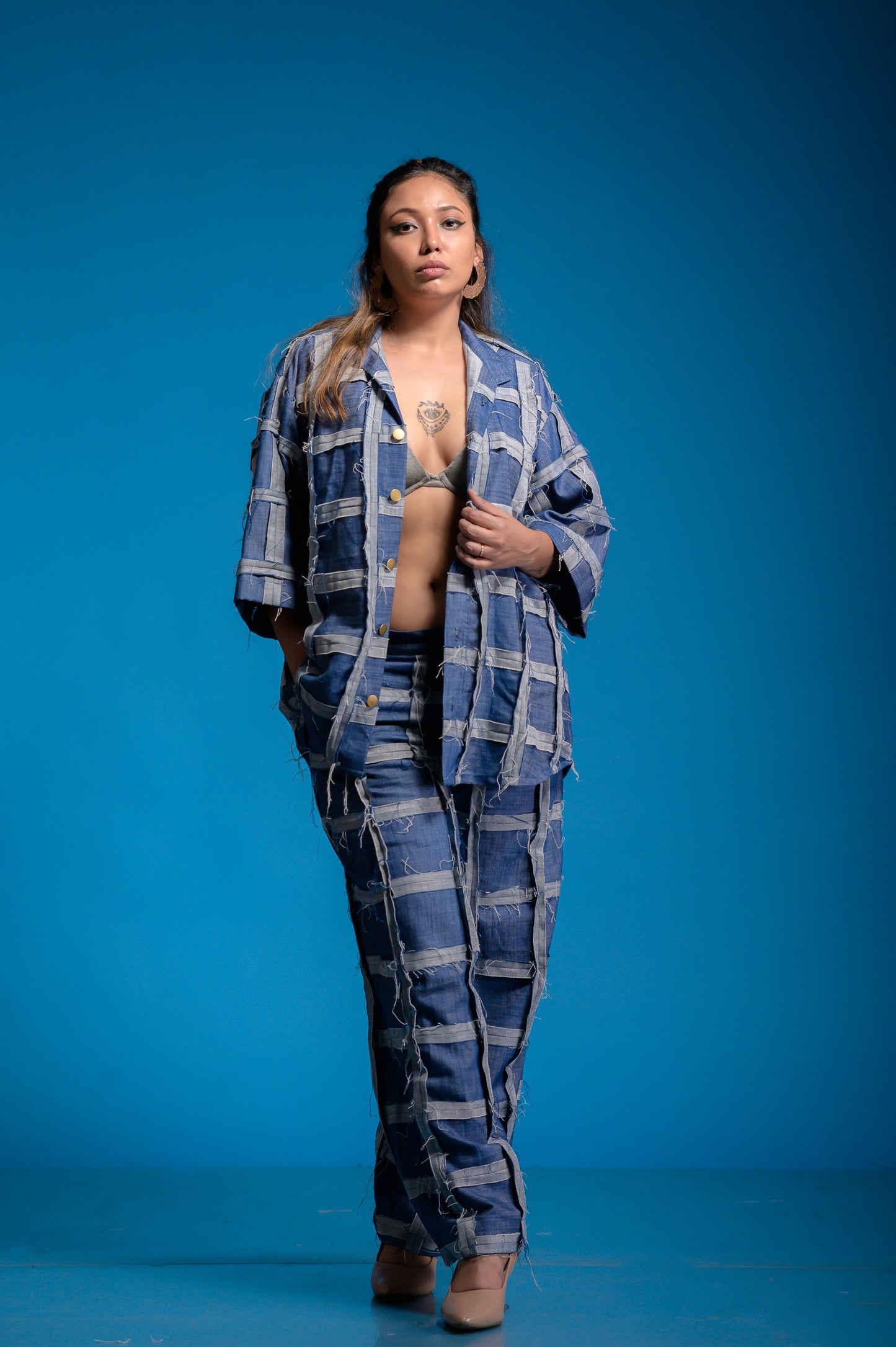 Blue Denim Unisex  Checkered Co-ord Set