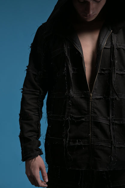 Black Denim Checkered Hoody style Jacket