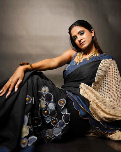 Denim Circles Crochet saree Black