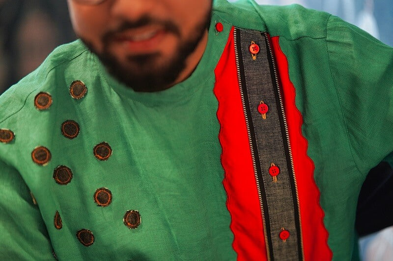 Green Cotton Linen Kurta with Red fabric detailing and denim polka dots