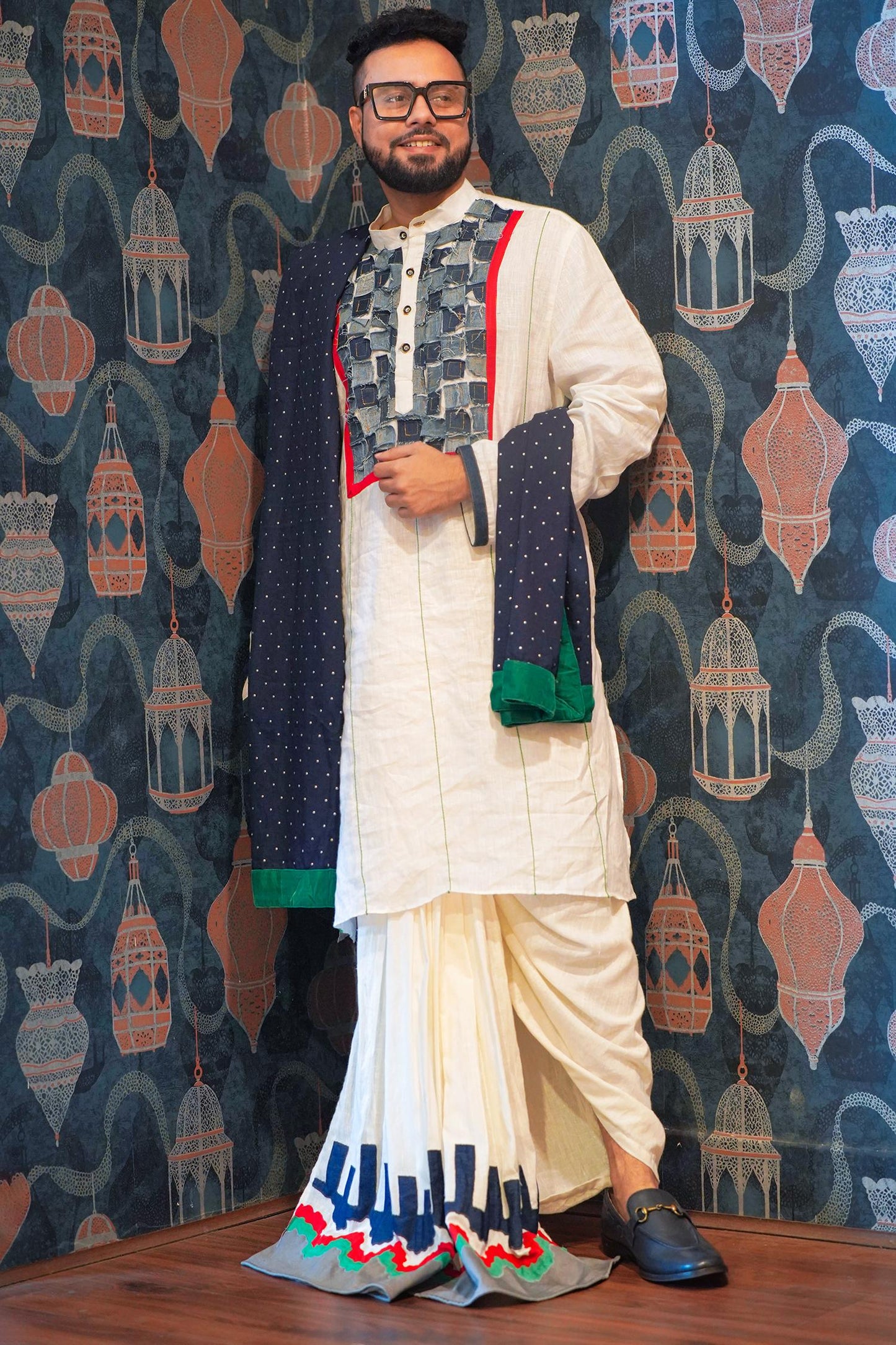 Denim Chequered Patch Kurta