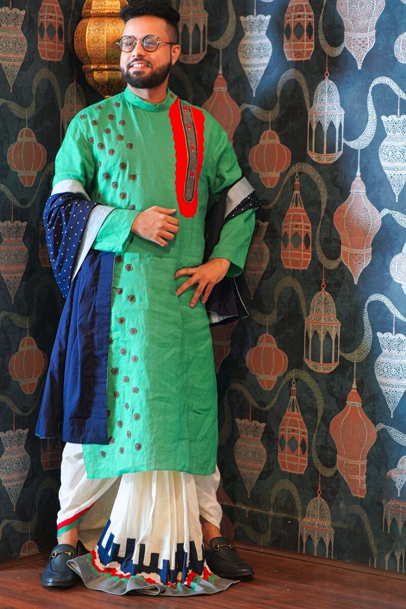 Green Cotton Linen Kurta with Red fabric detailing and denim polka dots