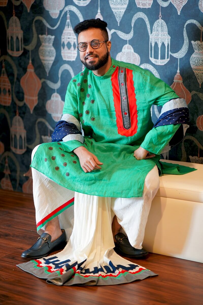 Green Cotton Linen Kurta with Red fabric detailing and denim polka dots