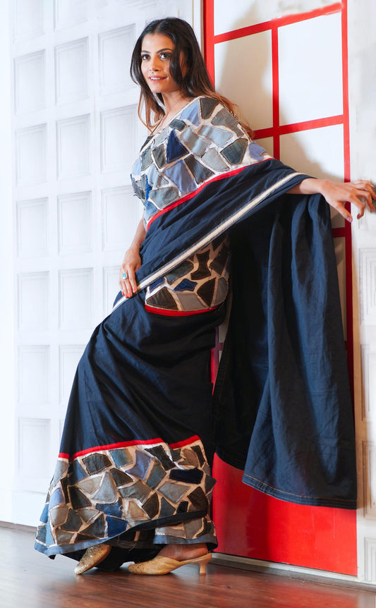 Geometric Pattern Denim Patch Saree